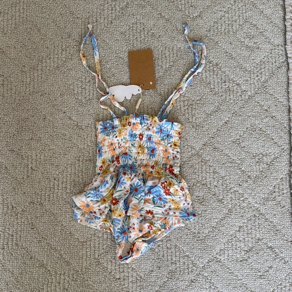 Angel Dear Smocked Coneflower Bubble Bodysuit Skirt Strappy Onesie Bamboo